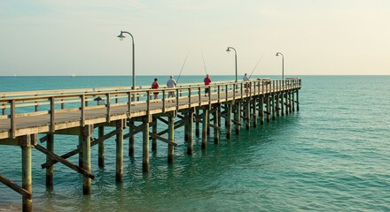 People fishing from a wooden pier extending into the calm ocean on a sunny day