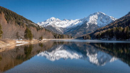 Snowy mountain range reflected in calm lake water on clear day