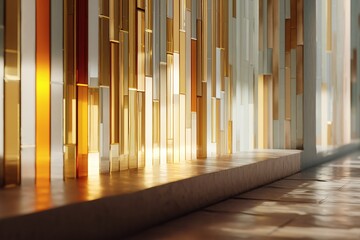 Obraz premium Abstract Interior: Sunlight streams through vertical gold, amber, and white panels, creating warm light on a stone ledge and tiled floor.
