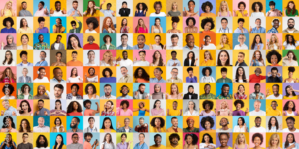 Aufkleber faces of various backgrounds are displayed in a vibrant collage. each person wears distinct styles, 