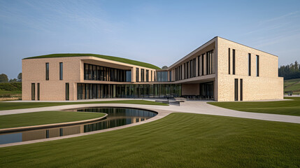Fototapeta premium Modern architectural design featuring brick building with green roof and serene landscape