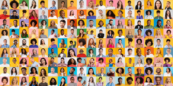 A vibrant collection of portraits featuring diverse individuals from various backgrounds. Each face reflects unique lifestyles and cultures, celebrating global diversity and unity.
