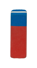 Red and blue rubber eraser isolated on transparent for removing pencil marks in school and office stationery supplies. 