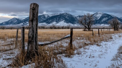 A winter landscape shows mountains and a weathered fence