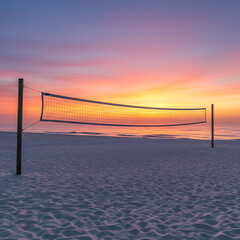 A volleyball net silhouetted on a sandy beach against a beautiful, colorful sunset. A serene scene of summer, vacation, and leisure.
