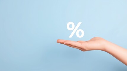 Hand presenting a percentage symbol against a light blue background during a promotional offer or financial discussion.