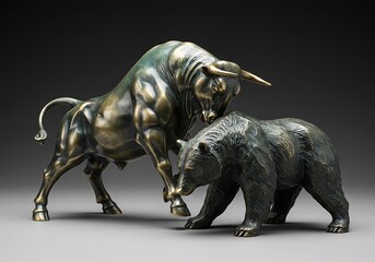 Fototapeta premium Bronze Bull and Bear Sculptures Symbolizing Financial Markets on Gray Background