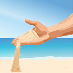Hand releasing fine sand into the air, with a serene beach and ocean in the background, illustrating the concept of time passing and vacation freedom
