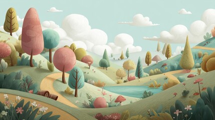 Colorful rolling hills with trees, flowers, and a serene pond under a bright sky.