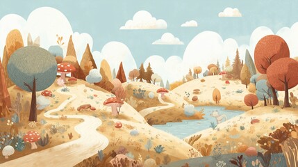 Colorful landscape with autumn foliage, a winding path, and a serene pond in a whimsical forest setting.