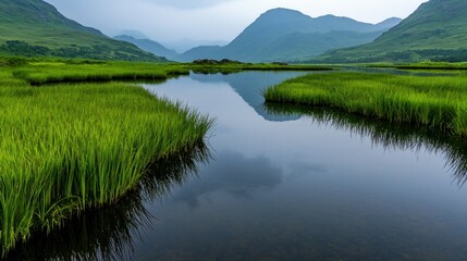 Tranquil lake reflecting lush green grass and mountains.