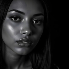 Black-and-white close-up of a face, showcasing glossy lips, textured skin, and a striking gaze under artful lighting.