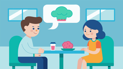 Siblings sitting at a hospital cafeteria discussing their fathers recent diagnosis of brain cancer. They are reviewing treatment options and deciding who will take turns caring for. Vector