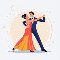 Flat vector of a couple performing ballroom dance with elegant posture and smooth gliding motion, set against a clean abstract background