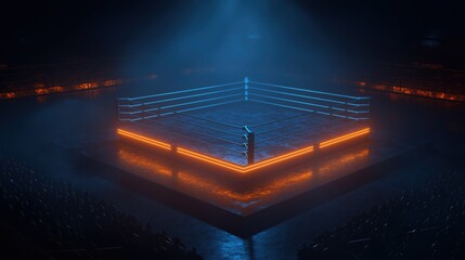 Brightly lit boxing ring in a dark arena creating an intense atmosphere for a competitive match.