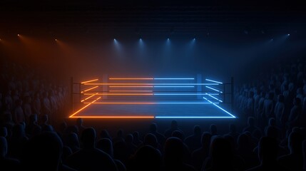 Brightly lit wrestling ring with energetic crowd in a dramatic setting at night in a large arena.