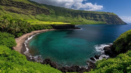 Lush tropical cove with dark sand beach and turquoise water.