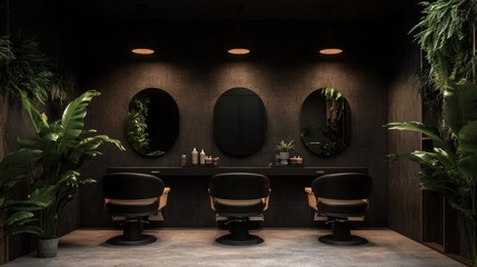 Dark, stylish salon interior with plants and mirrors