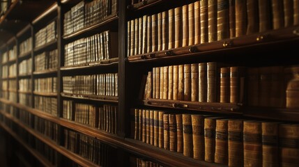Obraz premium Aged books lined on dark wooden library shelves
