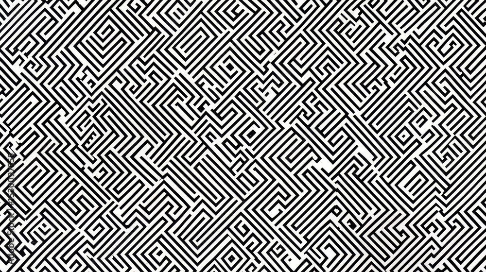 Poster Black and white patterned background with a maze in the middle. The maze is made up of many lines and shapes