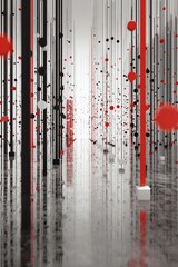 Obraz premium Abstract composition with vertical lines, spheres, and geometric shapes in a reflective space. Red, white and black color scheme.