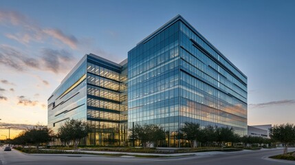 Modern Glass Office Buildings Reflecting a Colorful Sunset Sky