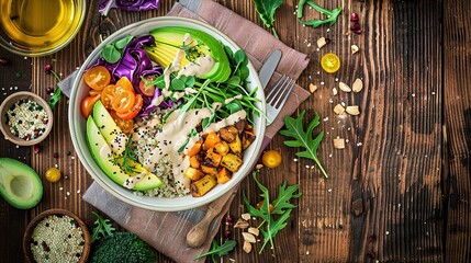 Nutritious Buddha Bowl Food Photography on Dark Background. Vibrant healthy meal with fresh ingredients perfect for diet programs, vegan restaurant menus and organic product packaging designs