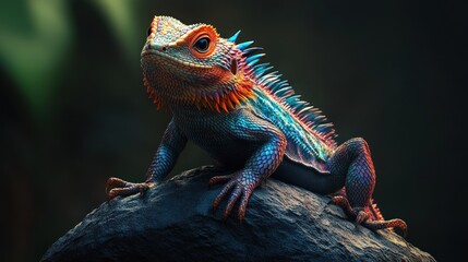 Obraz premium Vibrant multicolored lizard perched on dark rock