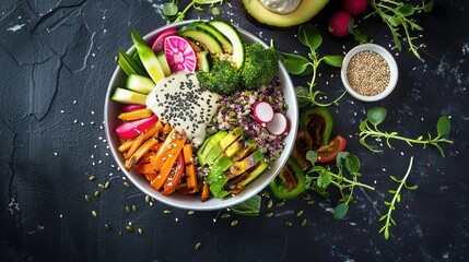 Nutritious Buddha Bowl Food Photography on Dark Background. Vibrant healthy meal with fresh ingredients perfect for diet programs, vegan restaurant menus and organic product packaging designs