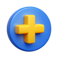 Obraz premium 3d yellow plus sign on blue circle isolated on white background