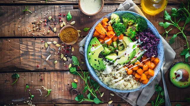 Nutritious Buddha Bowl Food Photography on Dark Background. Vibrant healthy meal with fresh ingredients perfect for diet programs, vegan restaurant menus and organic product packaging designs