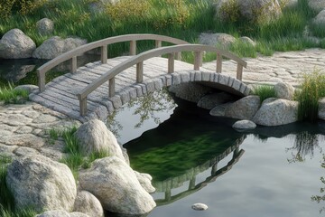 Cartoon bridge illustration. Realistic 3D model of a bridge over water