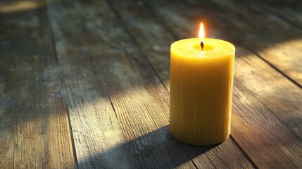 Yellow candle on wooden table, sunlit