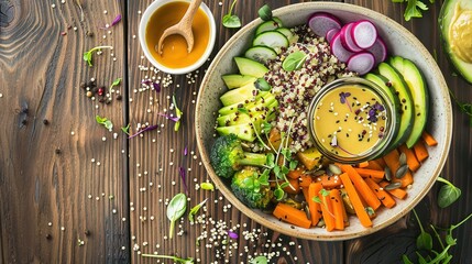 Nutritious Buddha Bowl Food Photography on Dark Background. Vibrant healthy meal with fresh ingredients perfect for diet programs, vegan restaurant menus and organic product packaging designs