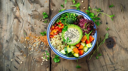 Nutritious Buddha Bowl Food Photography on Dark Background. Vibrant healthy meal with fresh ingredients perfect for diet programs, vegan restaurant menus and organic product packaging designs