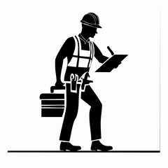 Silhouette of a construction worker with a toolbox and clipboard taking notes