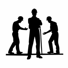 Silhouette of construction workers in hard hats discussing a project on a platform