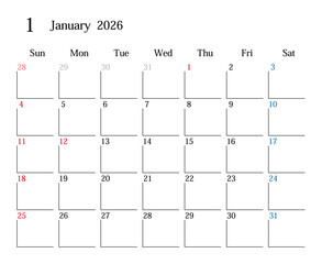 2026年1月、日本のカレンダー