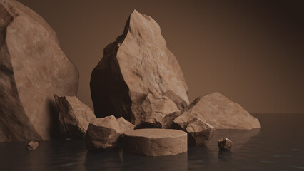 Mars rock group copper or brown arid platform podium surface texture rough raw stone pedestal on water surface advertisement studio product display backdrop mountain rock volcanic. 3D Illustration.