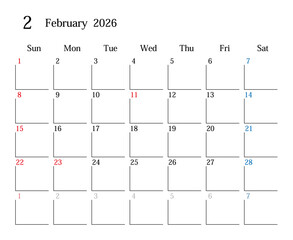 2026年2月、日本のカレンダー