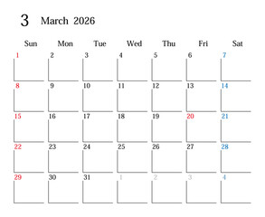 2026年3月、日本のカレンダー