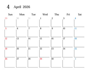 2026年4月、日本のカレンダー