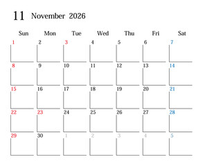 2026年11月、日本のカレンダー