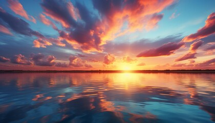 The sunset lights up the sky and water with fiery and peaceful colors. A quiet moment on the edge of day and night.