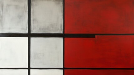 Fototapeta premium Abstract geometric composition in shades of red, grey, and white, divided by black lines
