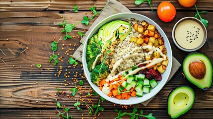 Nutritious Buddha Bowl Food Photography on Dark Background. Vibrant healthy meal with fresh ingredients perfect for diet programs, vegan restaurant menus and organic product packaging designs
