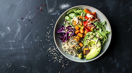 Nutritious Buddha Bowl Food Photography on Dark Background. Vibrant healthy meal with fresh ingredients perfect for diet programs, vegan restaurant menus and organic product packaging designs