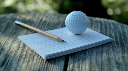 Golf scorecard, pencil, and tee placed on a wooden table beside a practice green