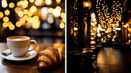 Obraz premium Two-panel image of a coffee cup and croissant on a table, blurred background of a cafe at night