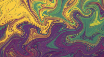 Obraz premium Colorful abstract background of swirling liquid paint. A fluid, psychedelic marble texture in yellow, green, and purple for creative designs. 
